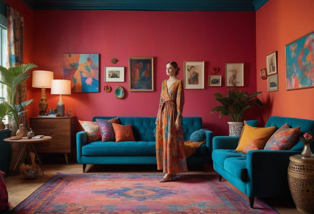 A whimsical, stylish figure standing confidently in an unrefined pose, surrounded by quirky fashion pieces and eclectic accessories, set in a cozy, slightly chaotic room filled with vibrant colors and abstract art on the walls. Warm lighting highlights the beauty of imperfection, showcasing a sense of fun and authenticity. surrealistic. vibrant colors. cozy ambiance.