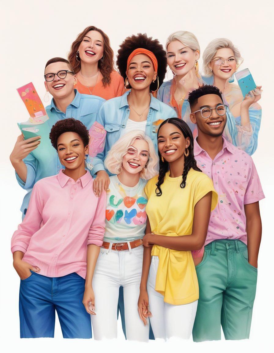 A whimsical and colorful illustration of a diverse group of individuals embracing their quirks, with playful expressions and unique fashion choices, surrounded by symbols of authenticity like handwritten notes and art supplies. The background features a soft blend of pastel colors, symbolizing freedom and creativity. super-realistic. vibrant colors. white background.