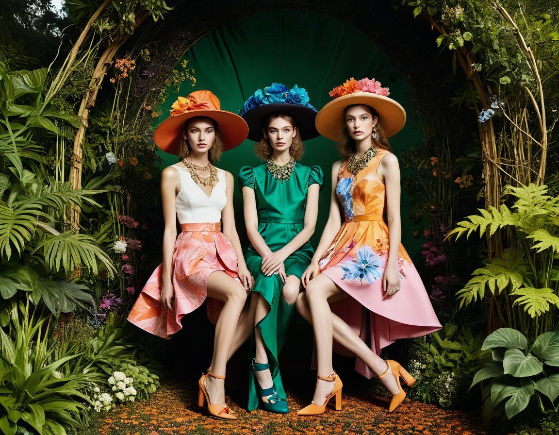 A playful yet sophisticated scene featuring a variety of eclectic fashion styles, blending high-end couture with casual, unrefined garments. Showcase vibrant patterns and textures, with models exuding confidence and flair, posed in a whimsical garden setting filled with colorful flowers and surreal elements. Incorporate an air of elegance through soft lighting and rich colors that create a dreamy atmosphere. Suggest a bold mix of accessories like oversized hats, statement jewelry, and mismatched shoes. surrealism. vibrant colors. dreamy background.